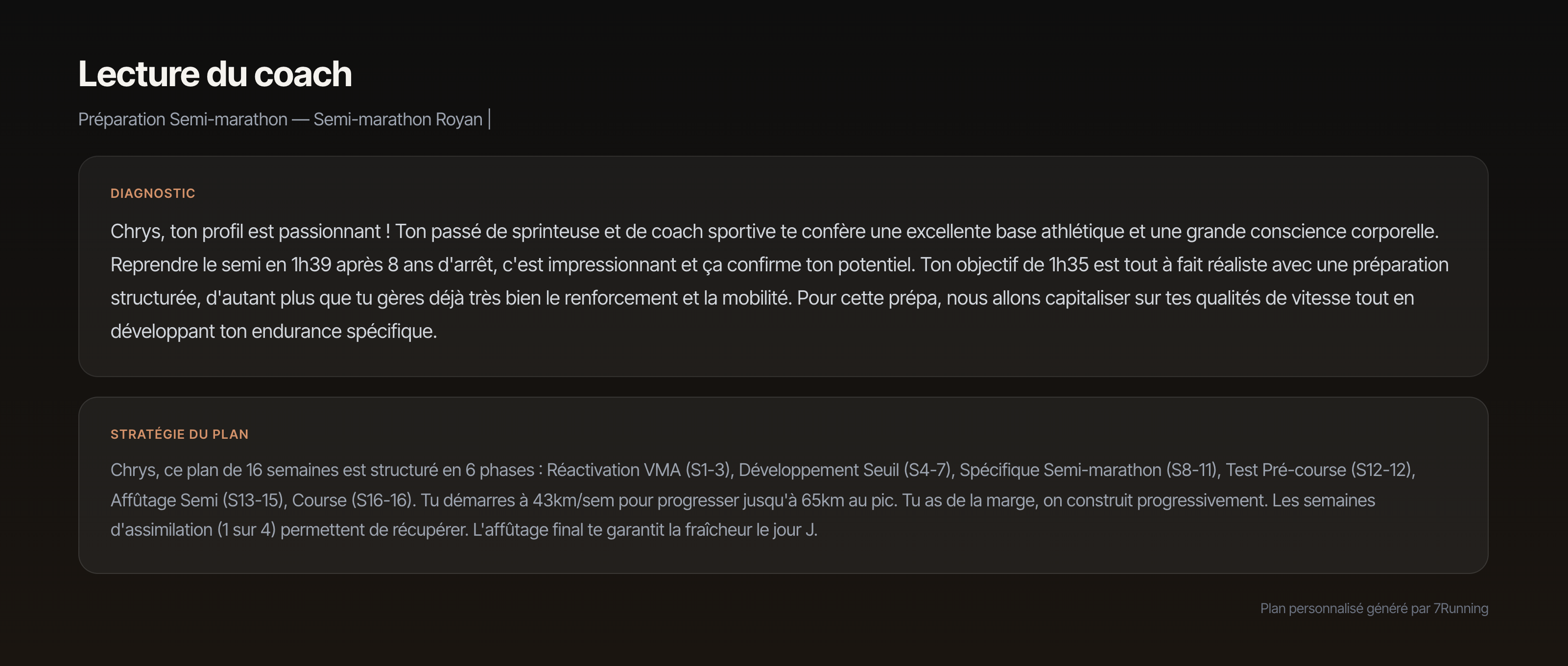 L'analyse du coach 7Running après complétion du formulaire.
